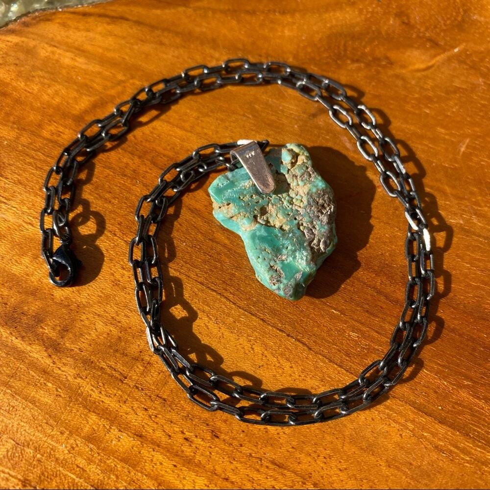 HANDMADE Raw Turquoise Crystal and Silver Pendant Chain Necklace